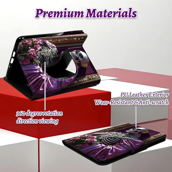 Rotating Handle Case for Samsung Galaxy Tab A11 Plus 2026/A9 Plus 11" 2024, 360 Degree Swivel Kickstand with Magnetic Closure Shockproof Leather Cover for Women Men, Purple Clothes Skull