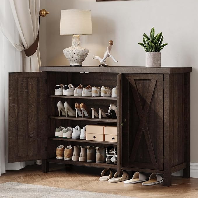 Farmhouse Shoe Cabinet with 3 Barn Doors & Wood Legs, 5-Tier Shoe Storage Cabinet with 3 Adjustable Shelves, Tall Shoe Rack Organizer for Closet, Shoe Organizer for Entryway, Hallway, Dark Cherry