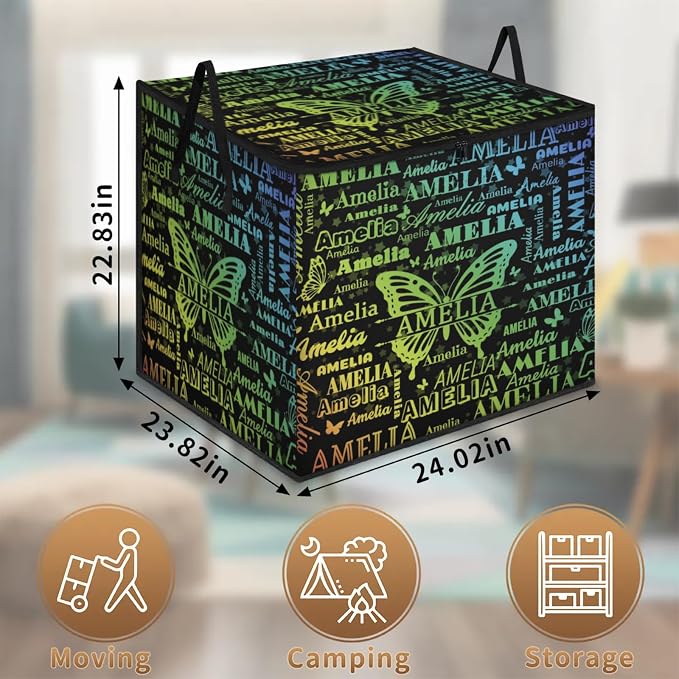 Custom Name Large Clothes Storage Organization with Lids, Bedding Clothes Towel Storage Bin Shelf Basket for Nursery, Gift Basket, Pet Basket, Gradient Yellow Blue Names with Butterflies Black