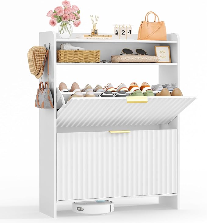 Fluted Shoe Storage Cabinet for Entryway with Adjustable Shelves | 9.45"Deep,Freestanding Shoes organizer,Adjustable & Removable Shelves,2 Hooks,Anti-tip Device,White