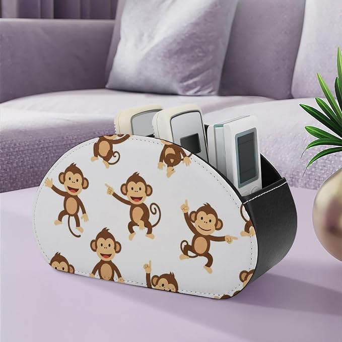 5 Compartment Remote Control Holder Monkey Cartoon Animal Storage Caddy Box | Pu Leather Desktop Organizer, Monkey Cartoon Animal Cute, Fit for TV Remotes, Media Player, Brush, Office Accessories