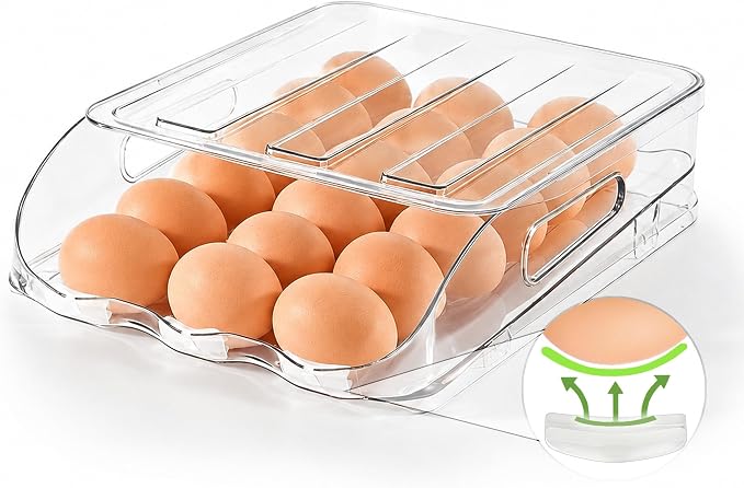 SMRCAD 18-Egg Dispenser with Silicone Bumpers, Auto-Rolling, Stackable | BPA-free food-grade PET | Stackable with lid | Built-in handle | 11.92"L x 8.85"W x 2.9"H | Hand wash only