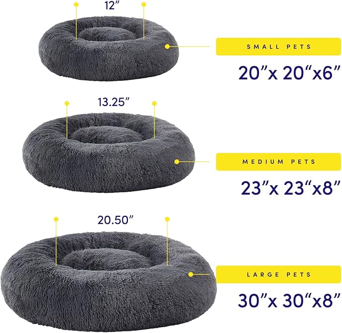 Dog & Cat Bed: Round Faux Fur Pet Bed - Plush, Cozy, & Calming Donut Bed for Small Pets - Soft & Comfortable Sleeping Cushion for Napping & Lounging, 20" Round, Dark Gray
