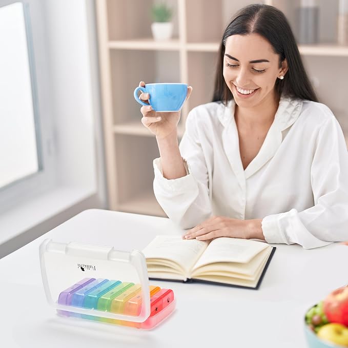 Fullicon Large Portable Pill Organizer 2 Times a Day, Clear Rainbow | Each Compartment Holds 10 Fish Oils or 16 Vitamins, Lid Stays Open Reliably, Double Secure Lock, Durable Hinges, Fits Purse