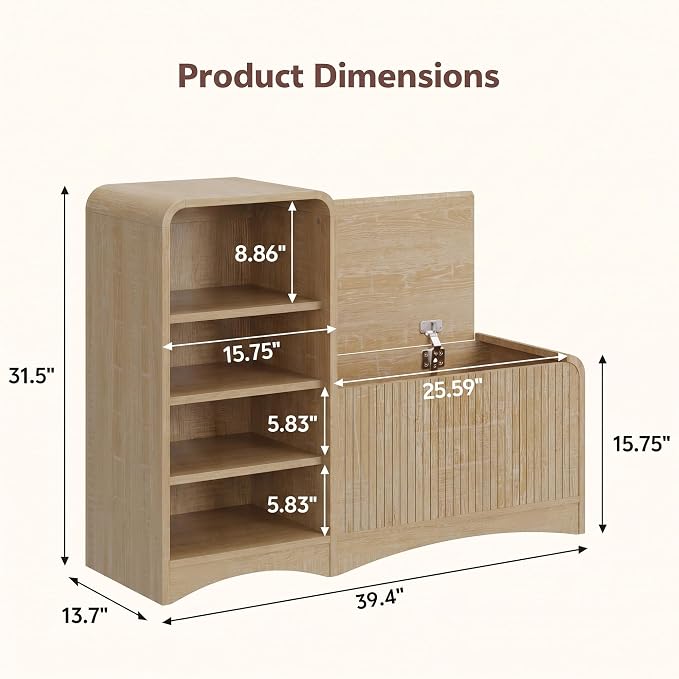 L-Shaped Shoe Storage Bench with Lift Top Box & Shelf, Natural | Durable Wood Cabinet With Hidden Storage For Entryway, Hallway, Apartment