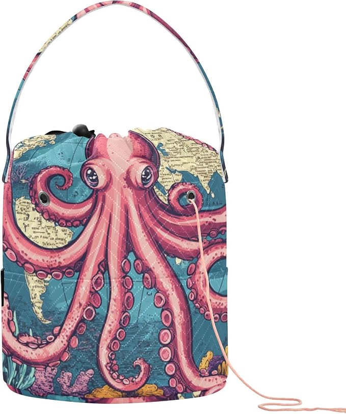 Tatenale Crochet Bag Yarn Bag Knitting Project Bag with Pockets and Handle Portable Yarn Storage Organizer Tangle Free 8.3x11 InchWorld Map Octopus Corals and Seaweeds28