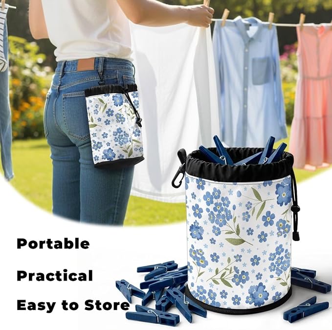Clothespin Bag with Drawstring, Forget-Me-Not Print Laundry Accessory Organizer Pouch, Portable Peg Storage for Drying Rack, Camping, Travel, Dormitory