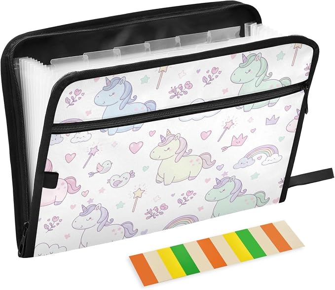 Fairy Tale Unicorns Expanding File Folder with Sticky Labels, 13 Pockets Accordion File Folder Document Organizer Expandable Zip File Folder with Zipper Closure