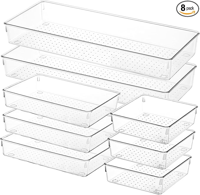 Voova Clear Plastic Drawer Organizer Trays, 8 Pack | Three tray sizes create custom storage for kitchen utensils, cosmetics, office supplies, bathroom items and more
