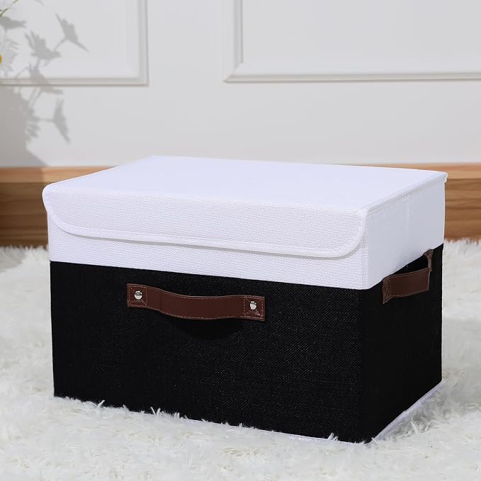 ANMINY Fabric Storage Box Bins with Lids, Black White, 15"x10"x10" | Keepsake Memory Storage, Cotton Linen, PP Board Reinforced, Washable, PU Handles, Foldable & Stackable, Decorative, Large