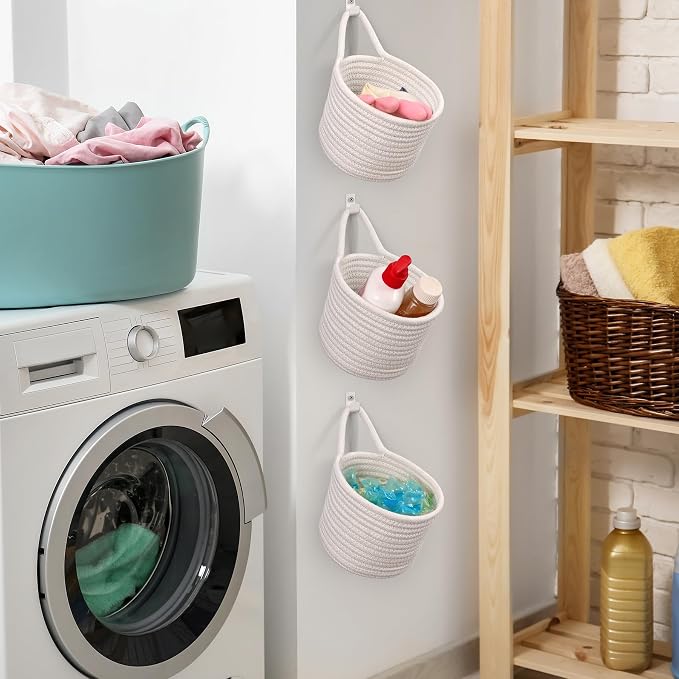 Fabric Wall Hanging Baskets - 3Pack Woven Pouchs Boho Style Wall Mounted Bag with Adhesive Hooks, Storage Organizers and Decoration Pocket Caddy Bins on Door Rack (White & White, Large) | Wall Small Bags with Adhesive Hooks, Cotton Rope, Boho Decorativ...