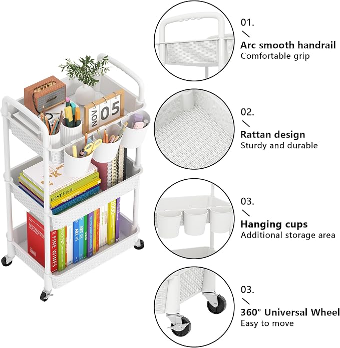 MOYIPIN 3-Tier Plastic Rolling Utility Cart with Handle,White | Utility Storage Cart for Office, Living Room, Kitchen,Movable Storage Organizer，Easy installation，Rattan-like art design