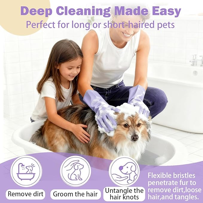 Pet Grooming Gloves for Cats Dogs, 3000 Silicone Grooves Bathing Gloves, Wet Dry Dual Use Washing Massage Gloves, Pet Bath Supplies for Gentle Cleaning Grooming （Purple）