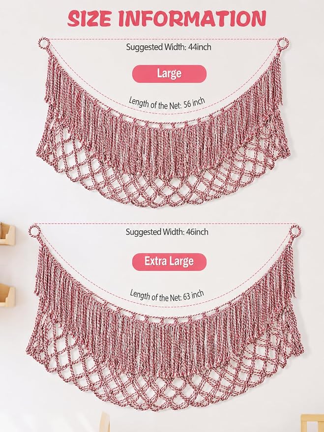 Stuffed Animal Hammock - Extra Large 63'' Long (Red-White) | Premium Cotton Hand-knitted, Beautiful Long Tassel, Storage Hanging Organizer, Can Fit Stuffed Animals 40 Piece or More