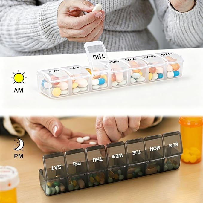 2 Pack Weekly Pill Organizer, Large 7 Day Pill Case, Daily Vitamin Case Medicine Box, AM/PM Pill Containers for Medicine Supplements Fish Oil（White & Black）