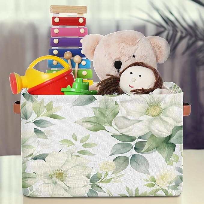 Storage Baskets for Shelves, White Flower Green Leaves Fabric Storage Cubes Closet Organizers and Storage Bins with Handles Home Organization, 15x11x9.5 inch