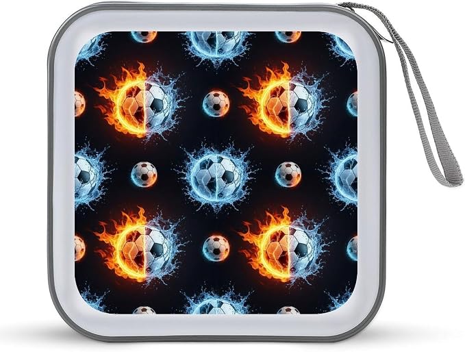Heavy-Duty DVD Holder Binder Water Fire Flame Football Soccer Ball Sport, 40-Disc Capacity Hard Plastic Case, Portable Storage Wallet for Music Movies
