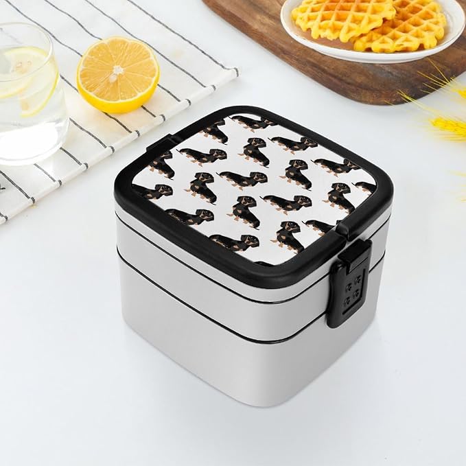 Dachshund Weiner Pet Dogs Double Layer Bento Box, 1000ml Stackable Leakproof Lunch Container with Spoon, Portable 2-Tier Food Storage Box for Office Work Picnic Camping and Travel