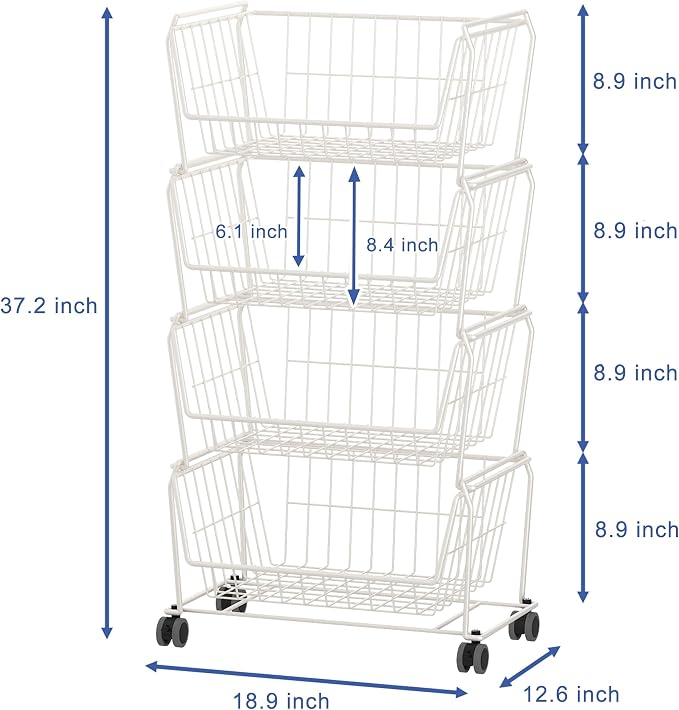 PUSDON 4-Tier Large Stackable Wire Storage Baskets with Wheels, Metal Rolling Utility Cart Organizer, Produce Basket for Kitchen Pantry, Floor Shelf, Classic White