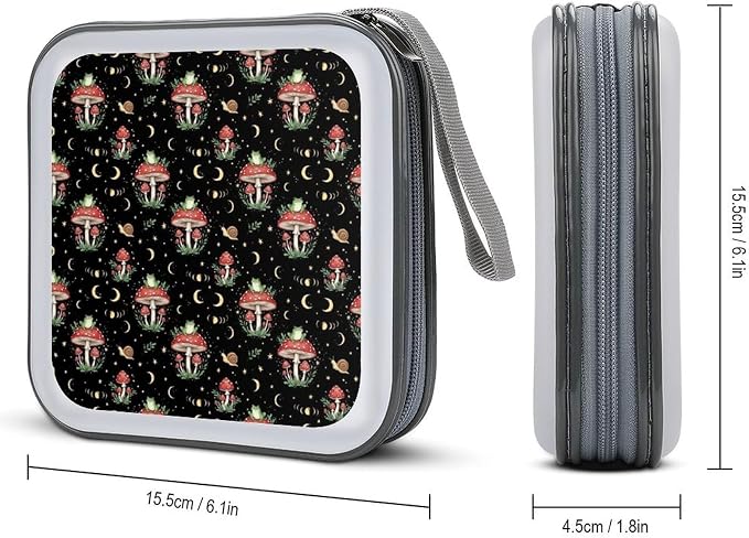 Hard Plastic DVD Storage Moon Frog Mushroom CD Storage Binder Disc Wallet | 40 Capacity CD Holder Case, Scratch-Resistant, Zipper Closure for Home Office Car, Moon Frog Mushroom