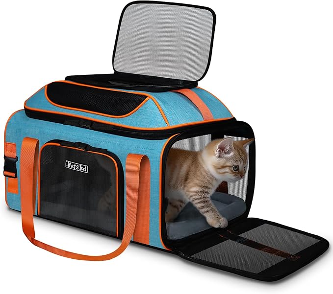 Top-Expandable Pet Carrier 19"x13"x9" Airline Approved, Blue | for Southwest Allegiant Airlines, Lockable Safety Zippers and Anti-Scratch Mesh, Pets Under 12 Lbs