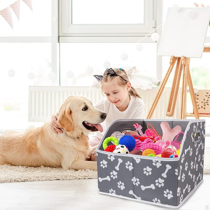 Foldable Dog Toy Basket-Dog Toys Bin-Dog Toy box-Storage Basket with Handle,Organizer Bin for Pet Toys, Blanket, Shelves, Closet-Bone Claw