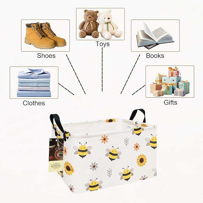 Rectangle Foldable Storage Basket Handles For Home, Bee | Waterproof canvas material, reinforced handles, perfect for shelf use, organizes clothes, daily items and pet supplies