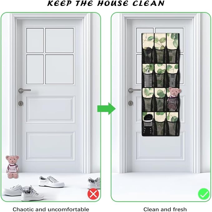 Leaves Space Saving Hanging Shoe Organizer,Entryway Bedroom Bathroom Storage Bags with 12 Mesh Large Pockets,Stylish Print