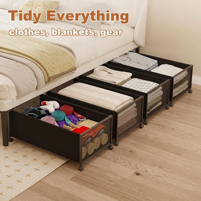 Fokyfok 2Pack Under Bed Storage Containers,12 inch Height,31 inch Long | Under Bed Shoe Storage,Underbed Storage with Wheels,Large Rolling under bed Clothes Storage Drawers,Lid,Dorm Tall,Black