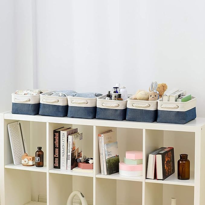 Storage Basket for Organizing - Small 12x8x5.2 inch 6 Pack Collapsible Storage Bin for Shelves, Canves Storage Cubes for Organizer Cloth Box Gift Toys Closet (White & Jean Blue)