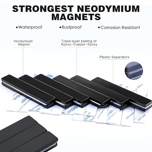 Heavy Duty 12 Pack Neodymium Magnets 60x10x3mm Black | Fridge Magnetic Strips Refrigerator Blocks Crafts Extra Super Sticky Bar for Science Experiments Classroom Craft Office
