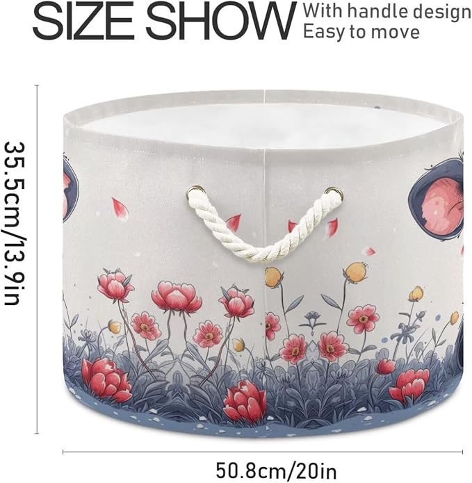 Cute Cow Print Collapsible Round Storage Basket with Handles | Farm Animal Flower Large Laundry Baskets Hamper, Organizer Bin for Nursery Bedroom Living Room Decor, 20x 20x 14 Inches