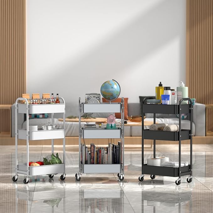 MAX Houser 3-Tier Rolling Utility Cart with Caster Wheels, Silvery-Grey | Easy Assembly, multi-purpose storage trolley for kitchen, rolling cart with smooth caster wheels for bathroom