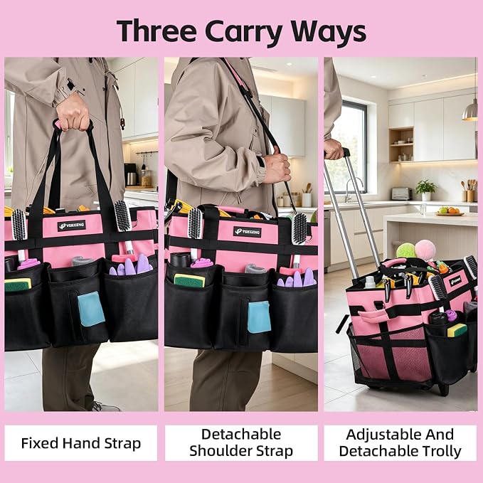 Large Rolling Cleaning Caddy Bag with Wheels, with Detachable Trolley, Cleaning Bags on Wheels for Housekeepers, Cleaning Cart Supplies Organizer for Home, Car, Picnic (Pink)