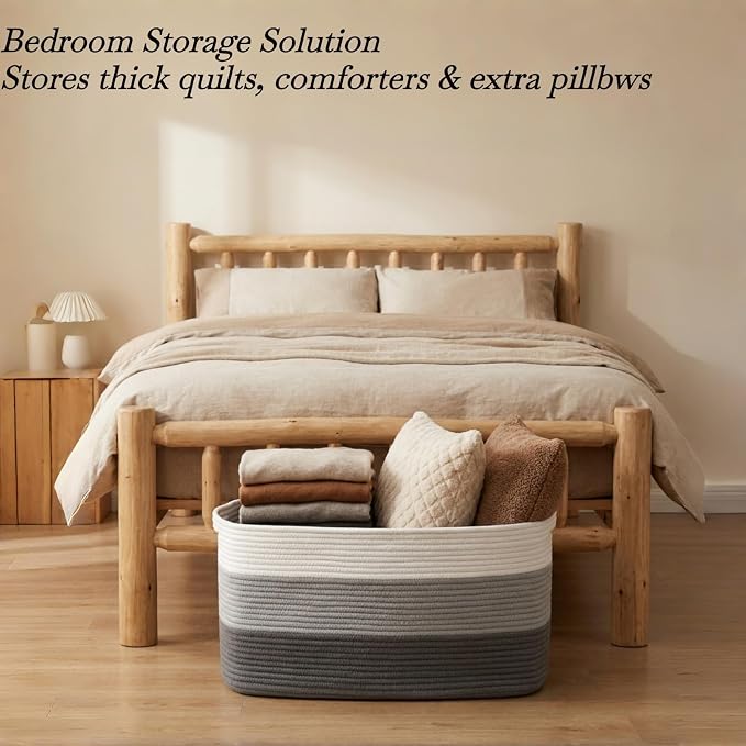 Optish 75L Large Woven Blanket Basket, Storage Basket with Handles | Sturdy Cotton Rope Basket Organizer Blanket, a lot of Toys, Comforter, Pillows, Bedroom, Living Room, Bathroom, Easy to Carry