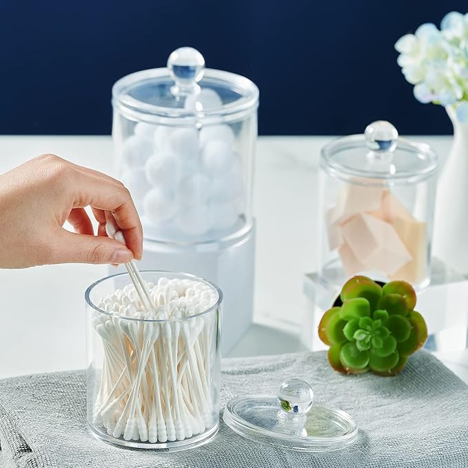 SheeChung 3 Pack Acrylic Qtip Holder with Labels, Qtip Jars for Bathroom | Shatterproof Plastic Apothecary Jars for Bathroom Organization – Vanity Cotton Swab Holder for Cotton Balls,Pads,Floss Picks