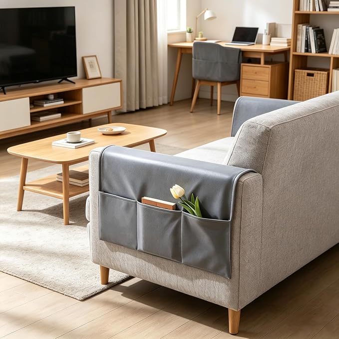 Sofa Armrest Cover with Pockets Set of 2 Furniture Protector Slip Technical Fabric Non Slip Recliner Organizer Remote Holder Caddy Accessories for Living Room Bedroom Kitchen Home 24*43.3 Inch Gray
