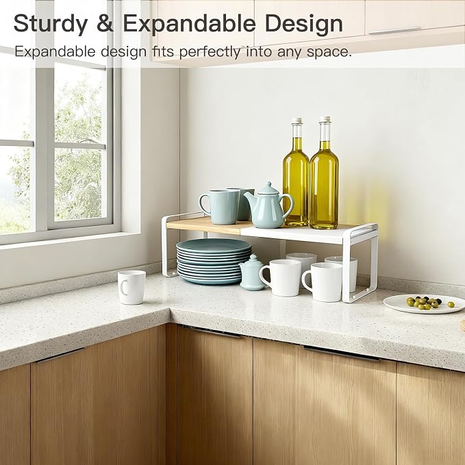 Bamboo Cabinet Organizer Shelf, Expandable Cupboard Storage White | Maximize your kitchen counter shelf space with this 13-21.5 inch expandable, stackable bamboo spice rack