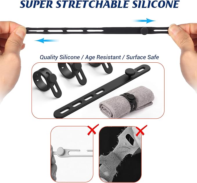 24 Pack Silicone Cable Ties, Cord Wrap for Home Office Travel Organizer | reusable, durable, adjustable, waterproof, elastic wire straps, multipurpose desk organization charger cord management holder