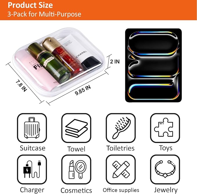 3 PCS Clear Hard Shell Zipper Case, Hard Plastic Zipper Pouches, Diaper Bag | Toy Organizer, Resistant, Storage Organizer Box for Travel, Makeup Bag, Toiletry Bag, Electronics, Pencil Pouches
