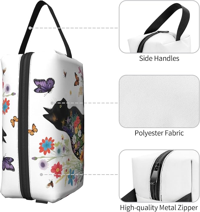 Floral Cat Silhouette Makeup Bag - Durable 600D Oxford Fabric Travel Cosmetic Bag, Shockproof Foam Padded Toiletry Organizer for Gym & Daily Use 10x6.2x4.9 Inch