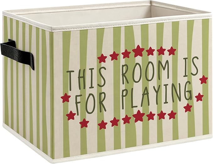 Green Striped Kids Playroom Foldable Storage Bins Box with Handles, This Room Is for Playing Decorative Storage Boxes Baskets Toybox Organizer for Kids Nursery Room Bedroom Playroom