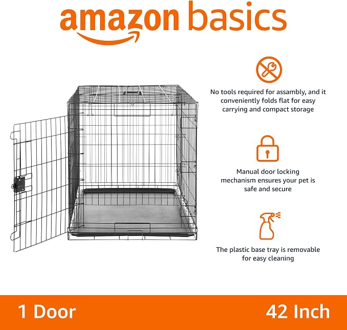 Amazon Basics Durable, Foldable Metal Wire Dog Crate with Removable Tray, Single Door, Divider Panel, 42 x 28 x 30 in, Black