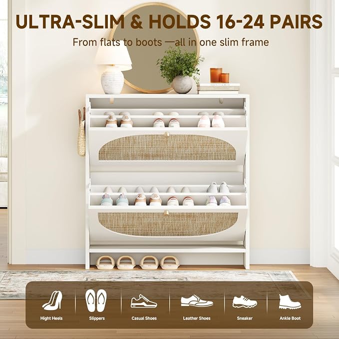 Shoe Cabinet Storage for Entryway Slim 9.5" Freestanding Floor Base Shoe Storage Cabinet, 2 Flip Drawers with 3-Position Adjustable Divider, Holds 16-24 Pairs, Cream White