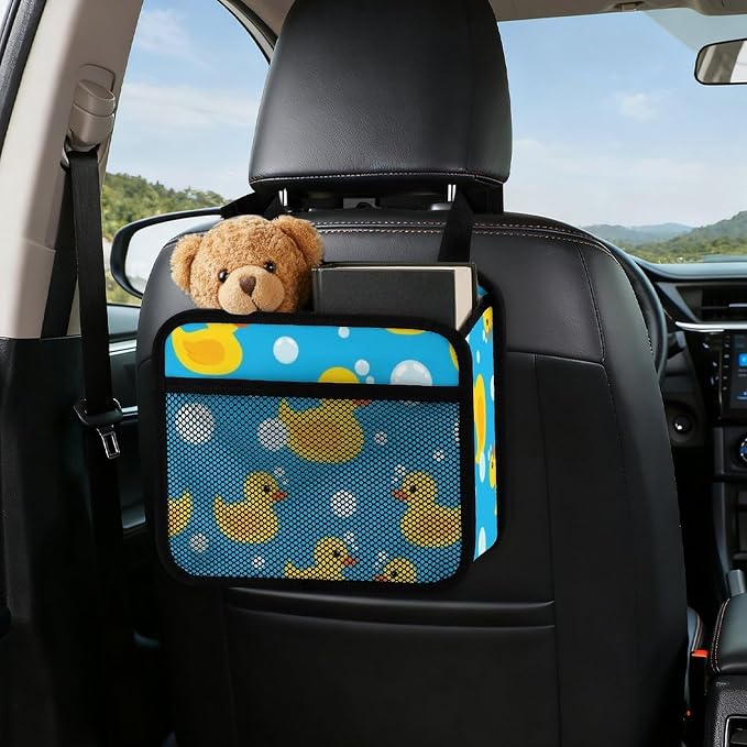 Headrest Backseat Storage Bag for Car Hanging Back Seat Organizer, Yellow | Rubber Duck Blue, Vehicle Trash Bag with Adjustable Buckle Auto Accessories Universal Fit