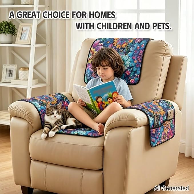 4-Piece Mandala Floral Recliner Slipcovers with Arms Non Slip | Quilted Recliner Furniture Protectors Side Pockets Armchair Slipcovers Soft Reclining Chair Cover,Machine Washable
