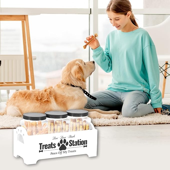 Dog Treat Container With 3 Plastic Cat Food Jars, Farmhouse Pet Storage Organizer for Dogs and Cats (White)