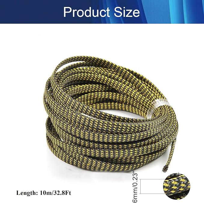 Jutagoss PET Expandable Braided Cable Sleeve, 32.8ft - 1/4 inch Black Gold Cable Management Sleeve, Wire Loom Tube Cord Protector for USB Cable, Power Cord, Audio Video and More, 1Pc
