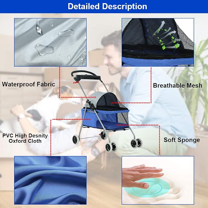BestPet Foldable Pet Stroller for Small/Medium Dogs and Cats Up to 33 lbs | 4-Wheel Stroller Pet Strolling Cart w/ Breathable Mesh, Lockable Rear Wheels, Cup Holder/Tray & Storage Box, Blue