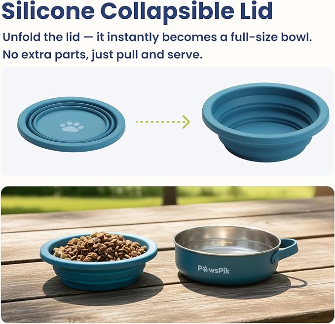 PawsPik 2-in-1 Travel Dog & Cat Bowl – Collapsible BPA-Free Silicone | 18/8 Stainless Steel, Portable & Non-Slip with Handle, Easy to Clean, Food & Water Bowl for On-the-Go Pets
